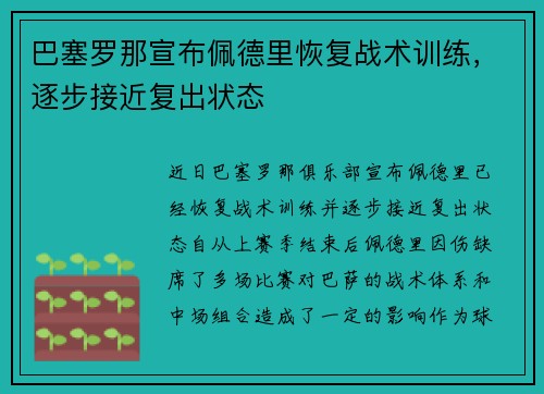 巴塞罗那宣布佩德里恢复战术训练，逐步接近复出状态